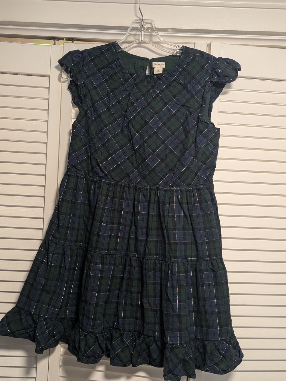 Crewcuts Girls' Green & Navy Plaid Ruffle Dress, Sz 14